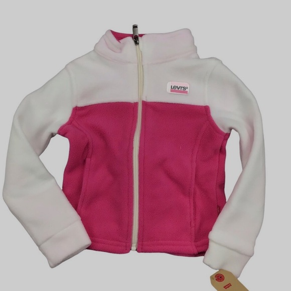 Levi's Fleece Zip Up Jacket Color Block Long Sleeve Pink White Kids Girl… - Picture 1 of 3